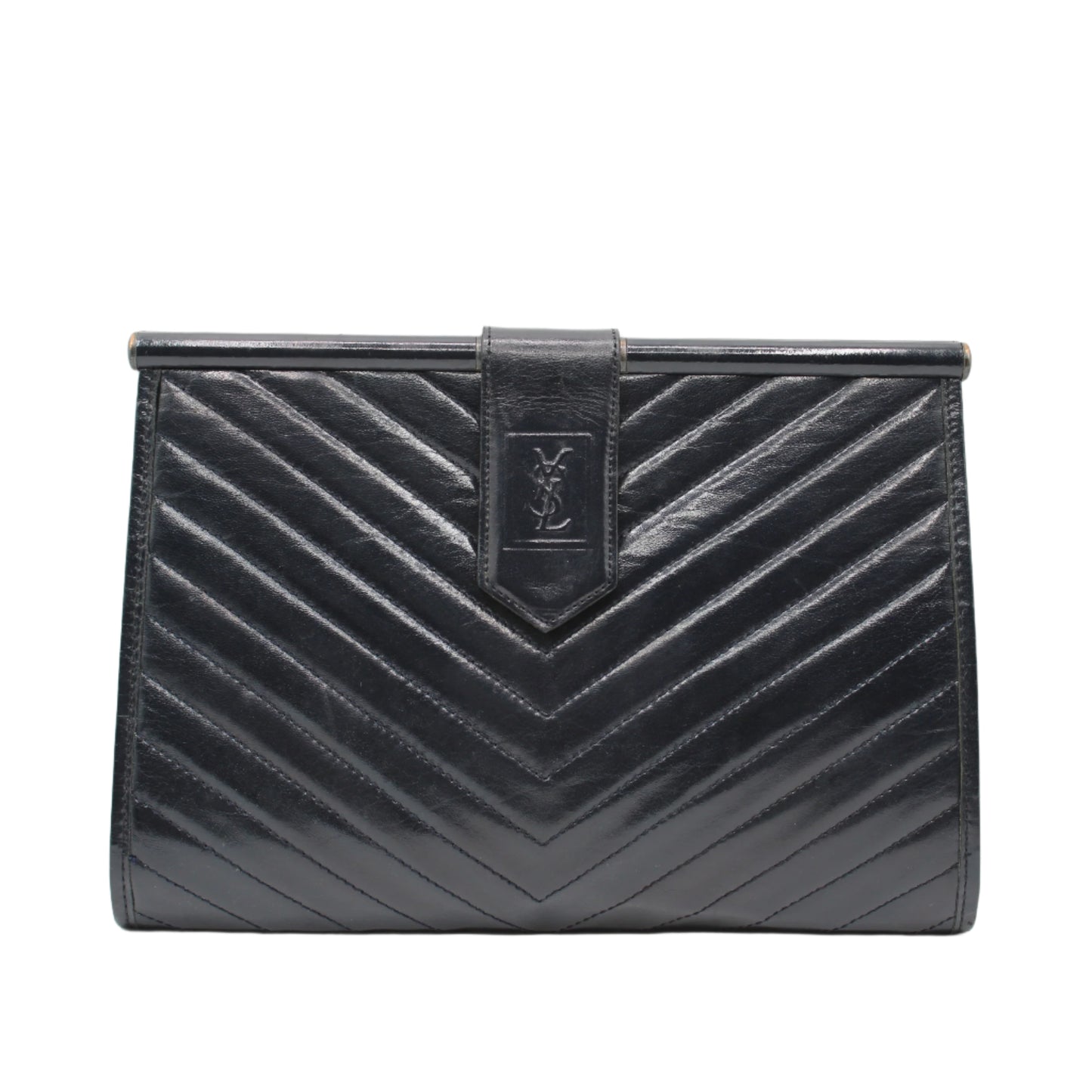 Yves Saint Laurent Chevron Quilted Navy Leather Flap Clutch Bag