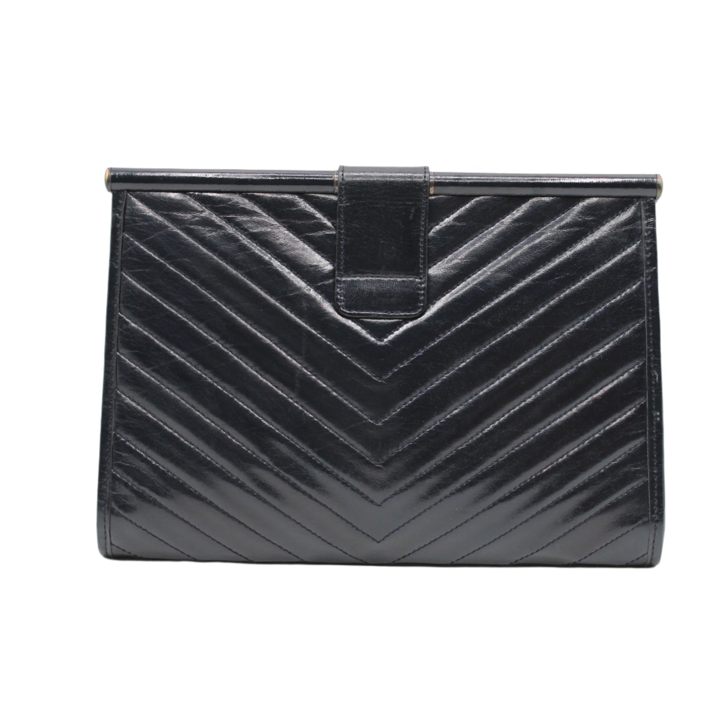 Yves Saint Laurent Chevron Quilted Navy Leather Flap Clutch Bag back side
