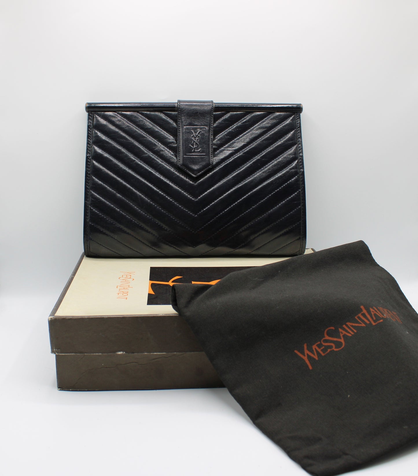 Yves Saint Laurent Chevron Quilted Navy Leather Flap Clutch Bag with box