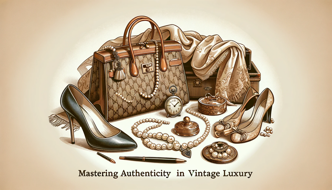 world of vintage luxury fashion, featuring iconic elements from Dior, Gucci, Fendi, and Valentino. The composition embodies luxury, authenticity, and timeless elegance