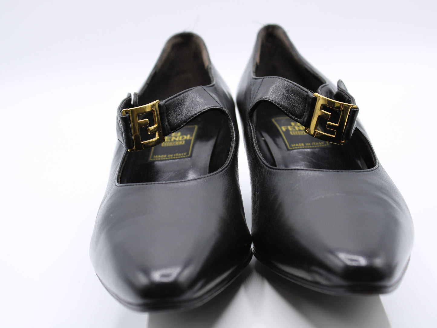 Fendi Black Leather Mary Jane Shoes Gold Logo Buckle