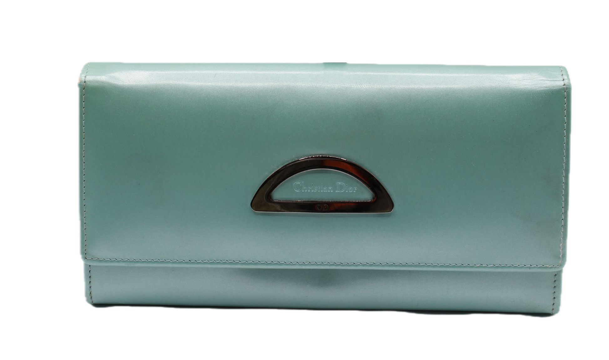 Christian Dior Turquoise Patent Leather Continental Wallet front view