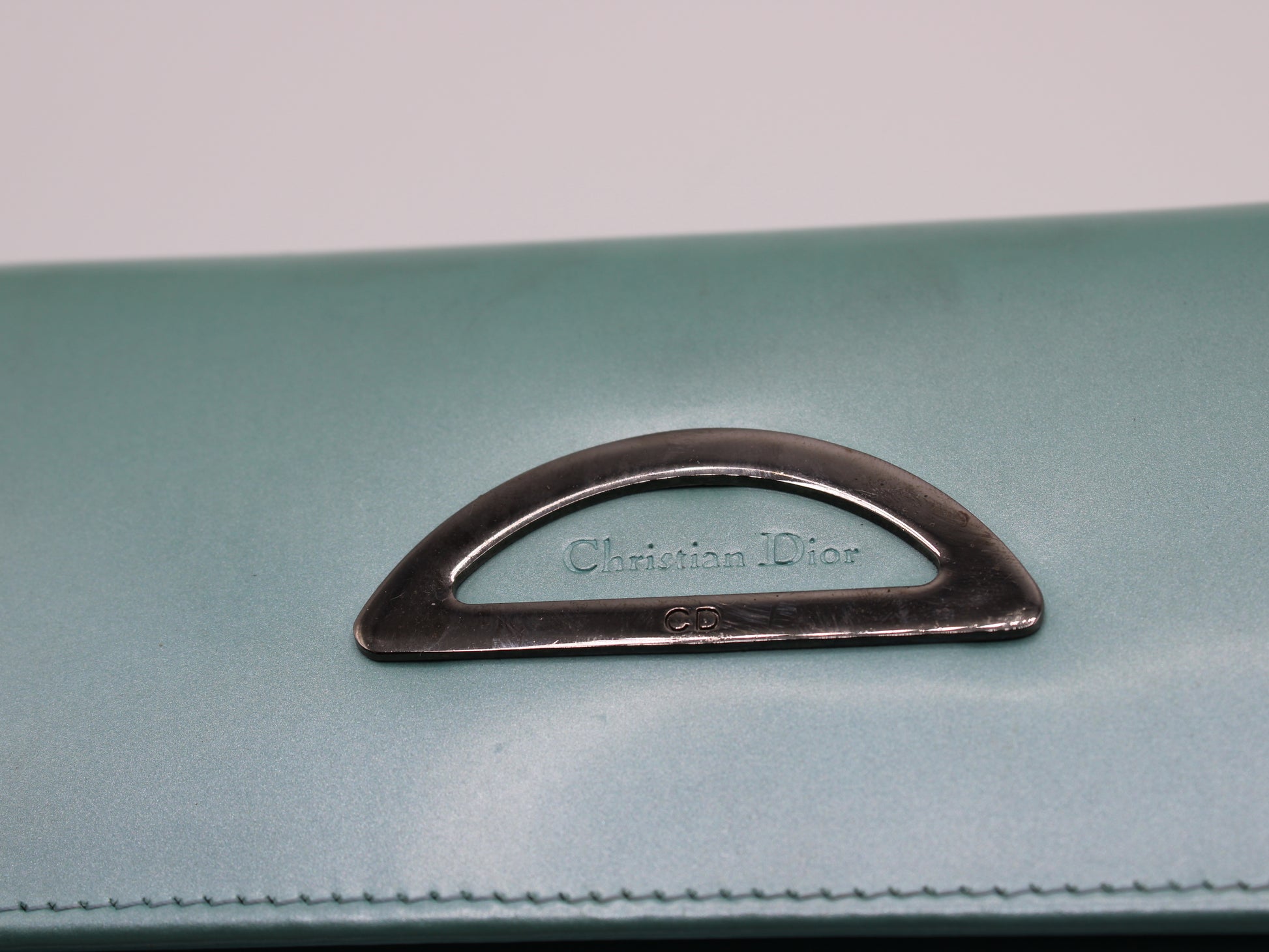 Christian Dior Turquoise Patent Leather Continental Wallet logo view