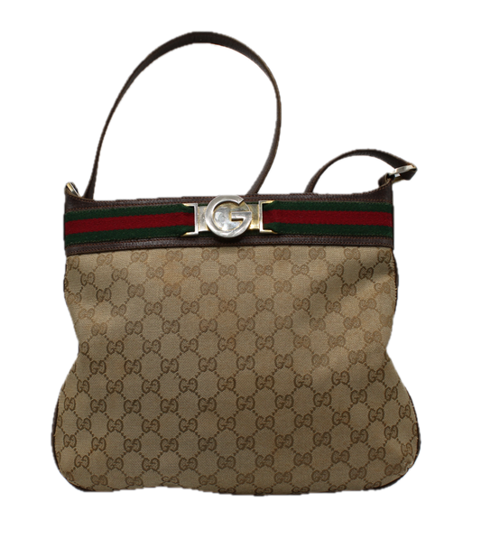 Gucci Ophidia Shoulder Tote GG Brown Monogram Canvas Charm Zipper front view