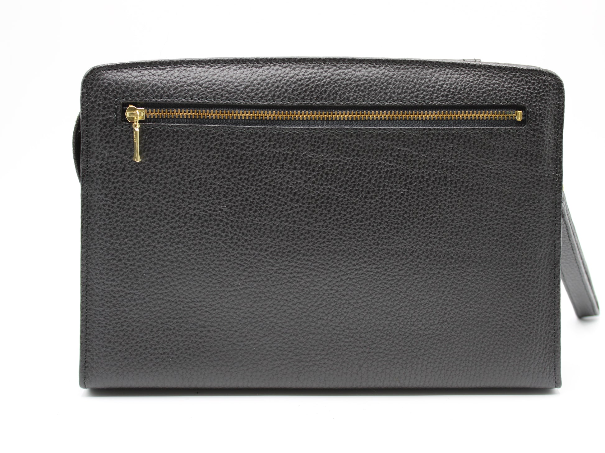 Valentino Garavani Black Leather Zippered Clutch Gold-Tone Logo Wristlet Strap back view