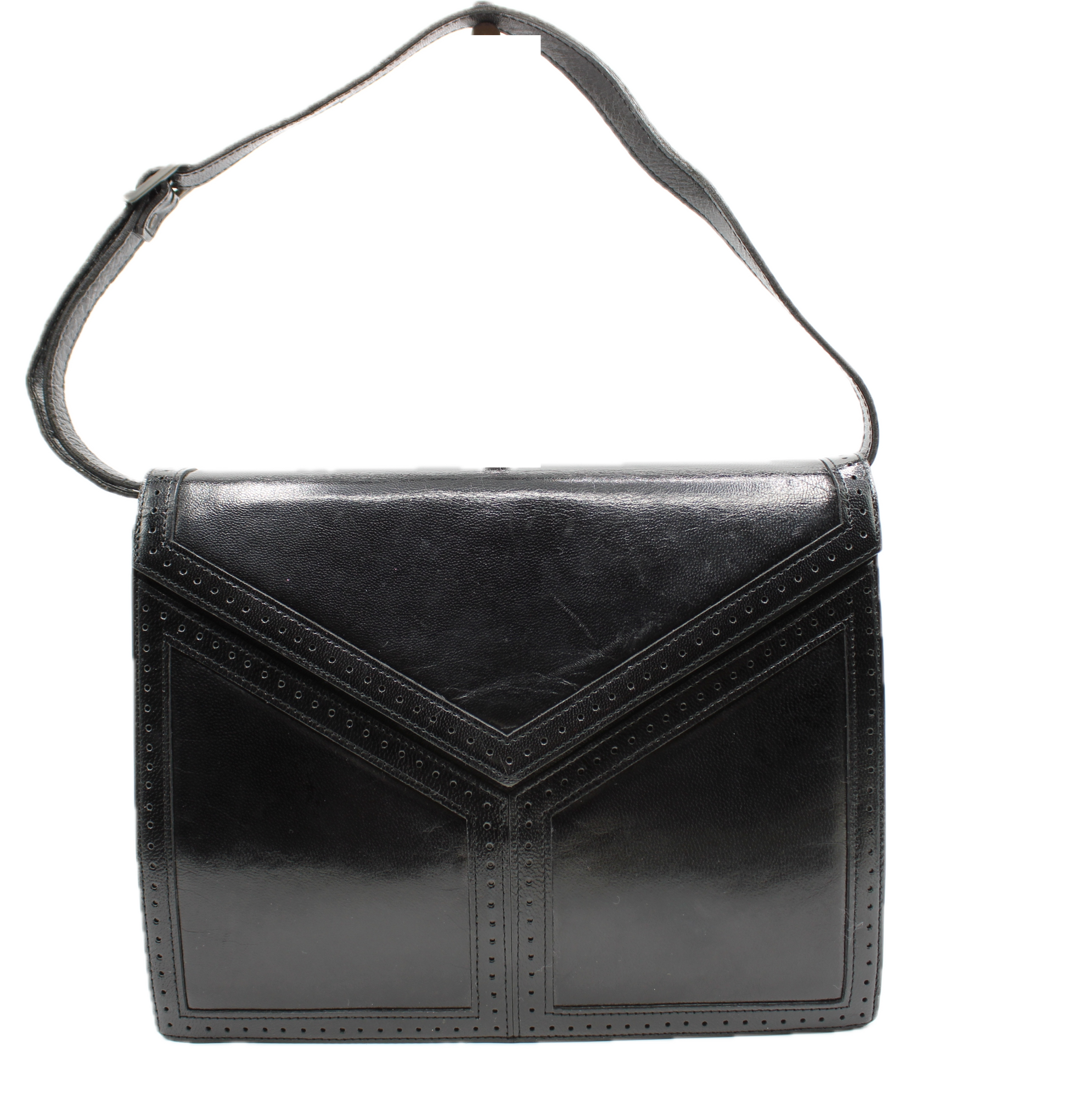 Yves Saint Laurent Black Leather Shoulder Bag Y Pattern Front View