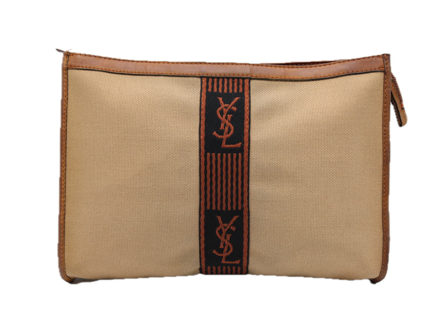 Yves Saint Laurent Cloth Clutch with Leather Trimming and Iconic Logo front view