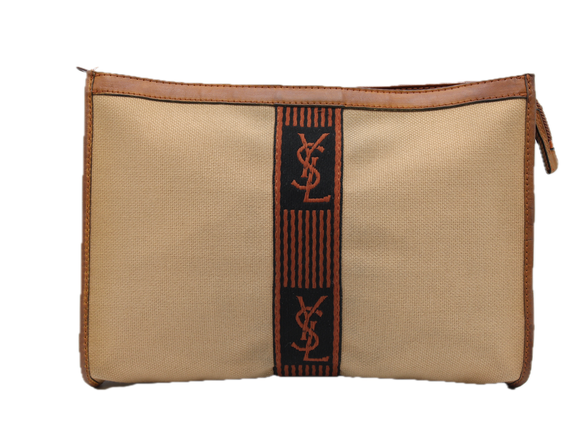 Yves Saint Laurent Cloth Clutch with Leather Trimming and Iconic Logo front view