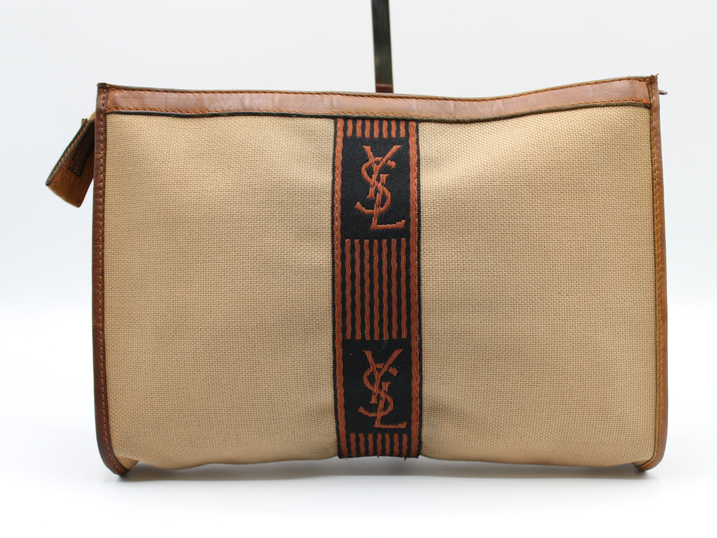 Yves Saint Laurent Clutch Cloth Leather Trimming Iconic YSL Logo Vintage