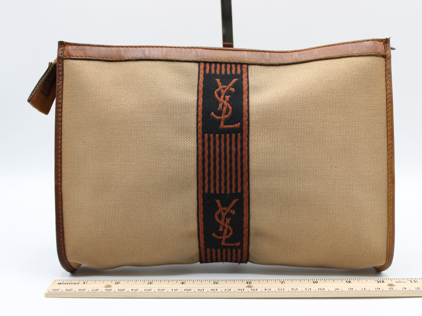 Yves Saint Laurent Clutch Cloth Leather Trimming Iconic YSL Logo Vintage