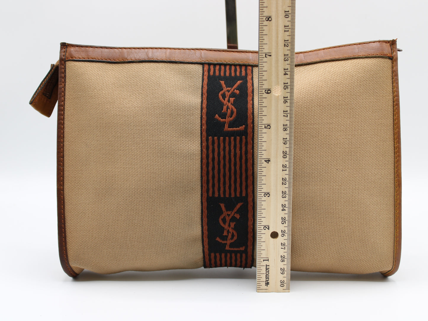 Yves Saint Laurent Clutch Cloth Leather Trimming Iconic YSL Logo Vintage