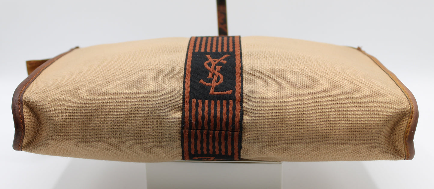 Yves Saint Laurent Clutch Cloth Leather Trimming Iconic YSL Logo Vintage