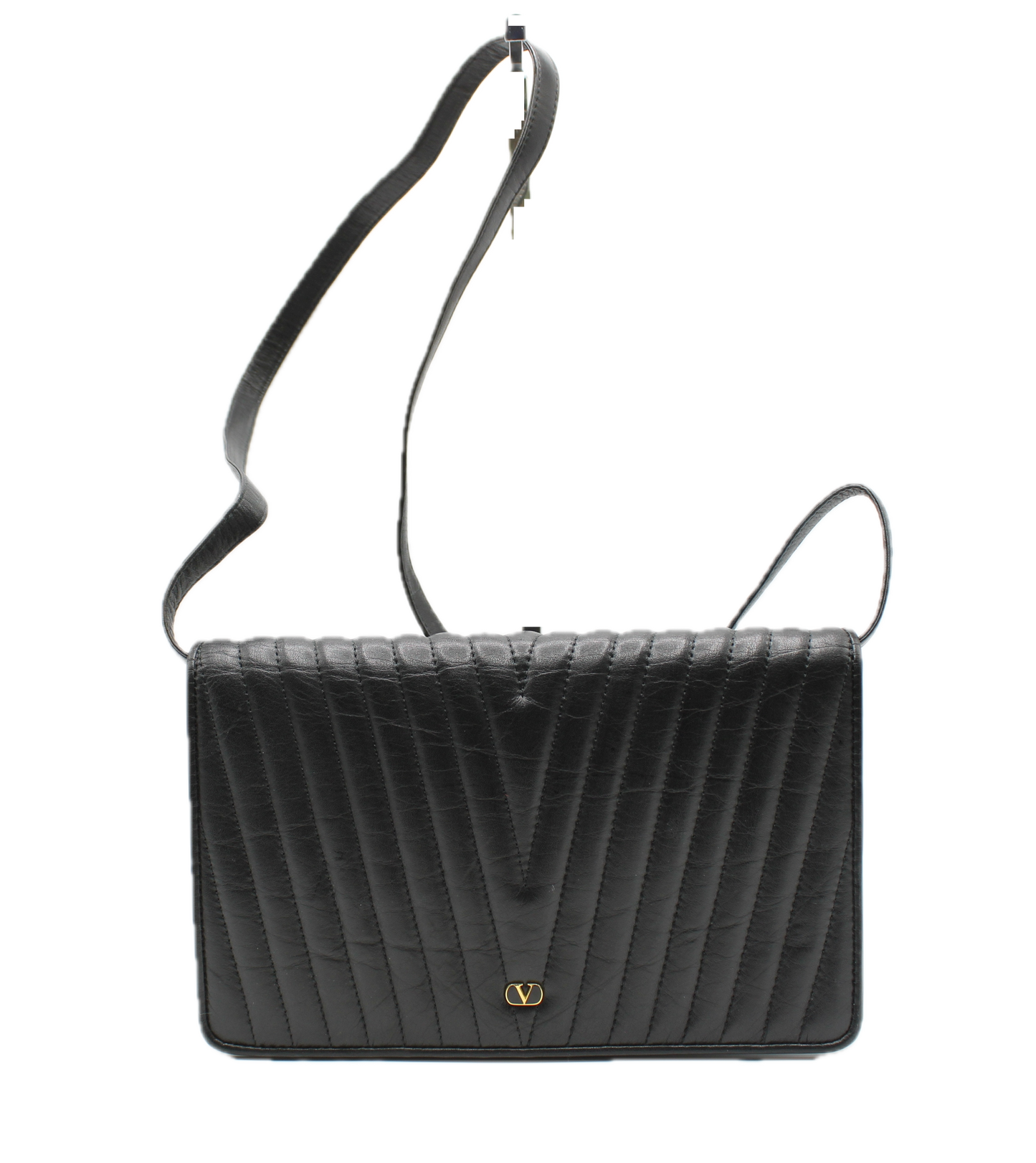 Valentino Black Leather Crossbody Bag Chevron Pattern V Logo front view