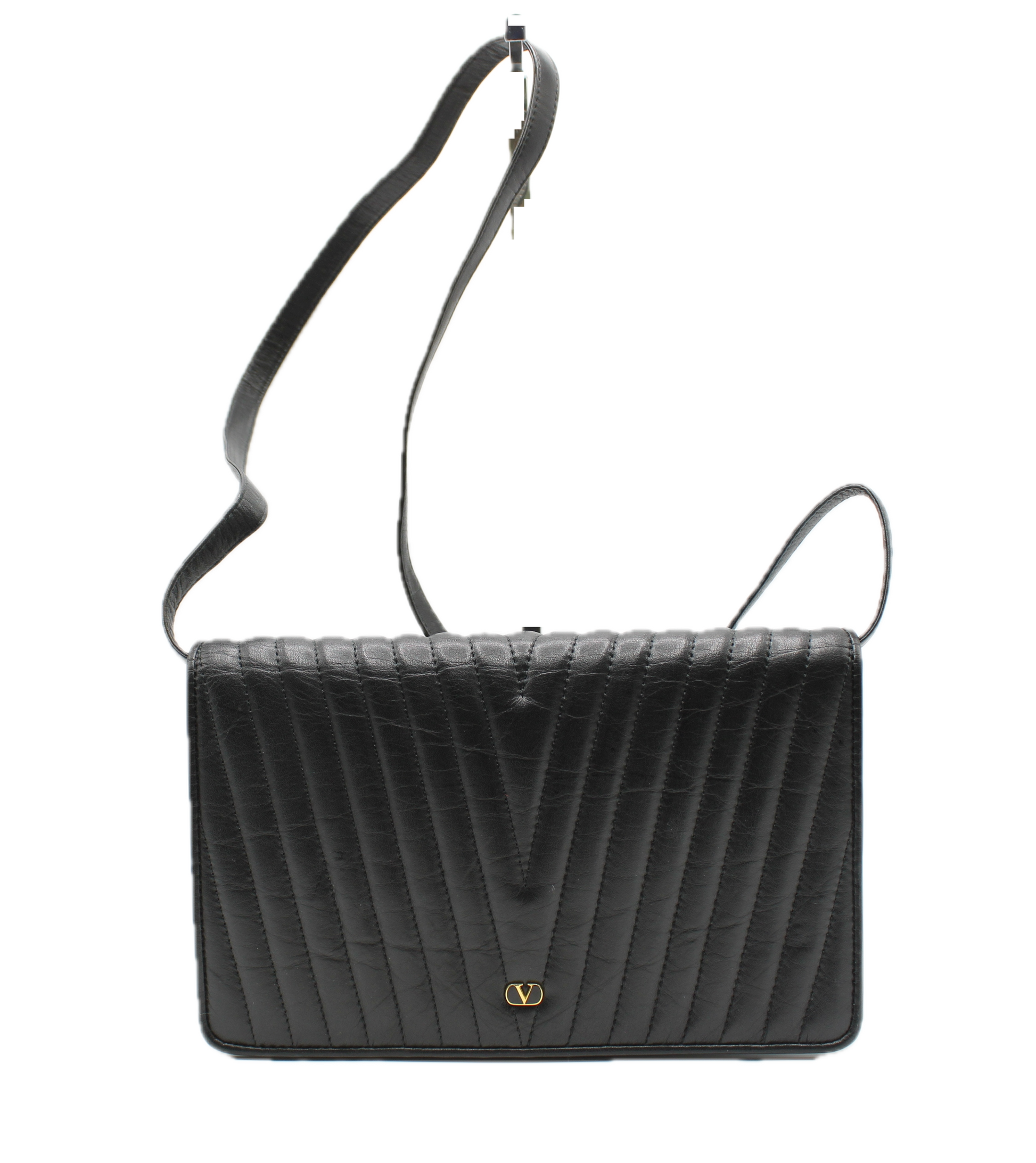 Valentino Black Leather Crossbody Bag Chevron Pattern V Logo front view