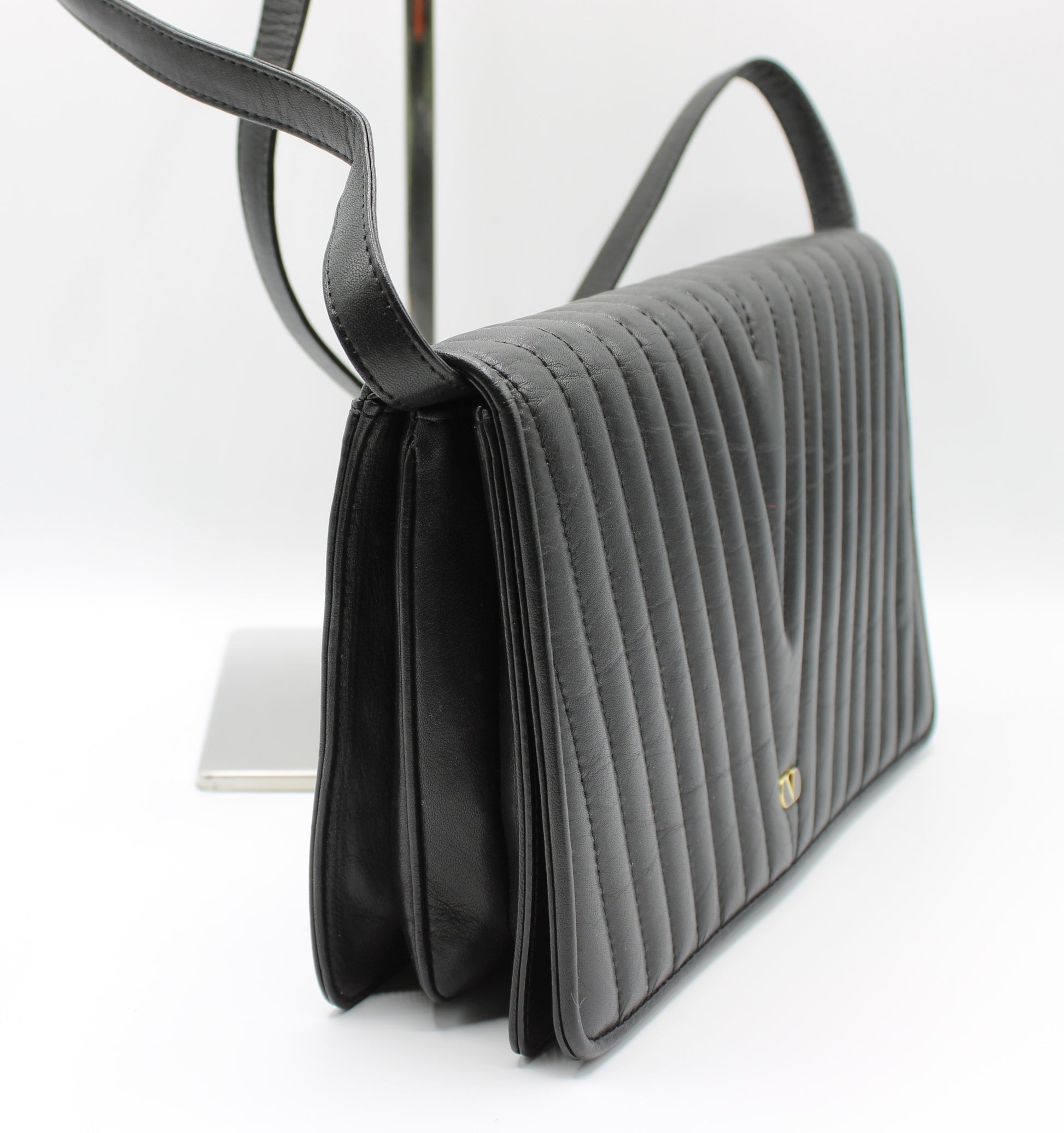 Valentino Black Leather Crossbody Bag Chevron Pattern V  Logo side view