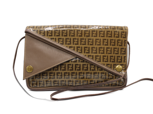 Fendi Zucchino Crossbody Bag Brown Triple Flap Design Vintage Front view