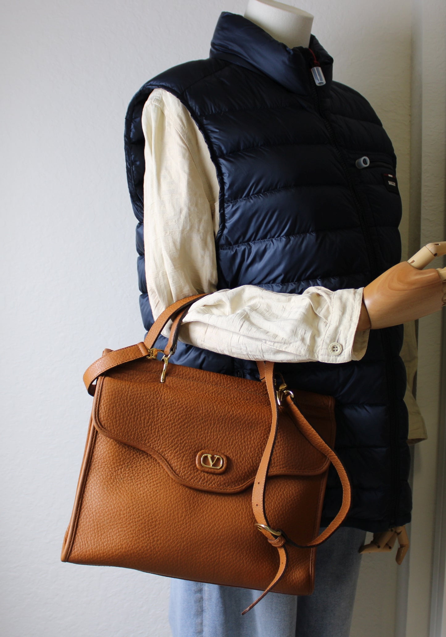 Valentino Garavani V Logo Tan Leather Crossbody Bag Vintage