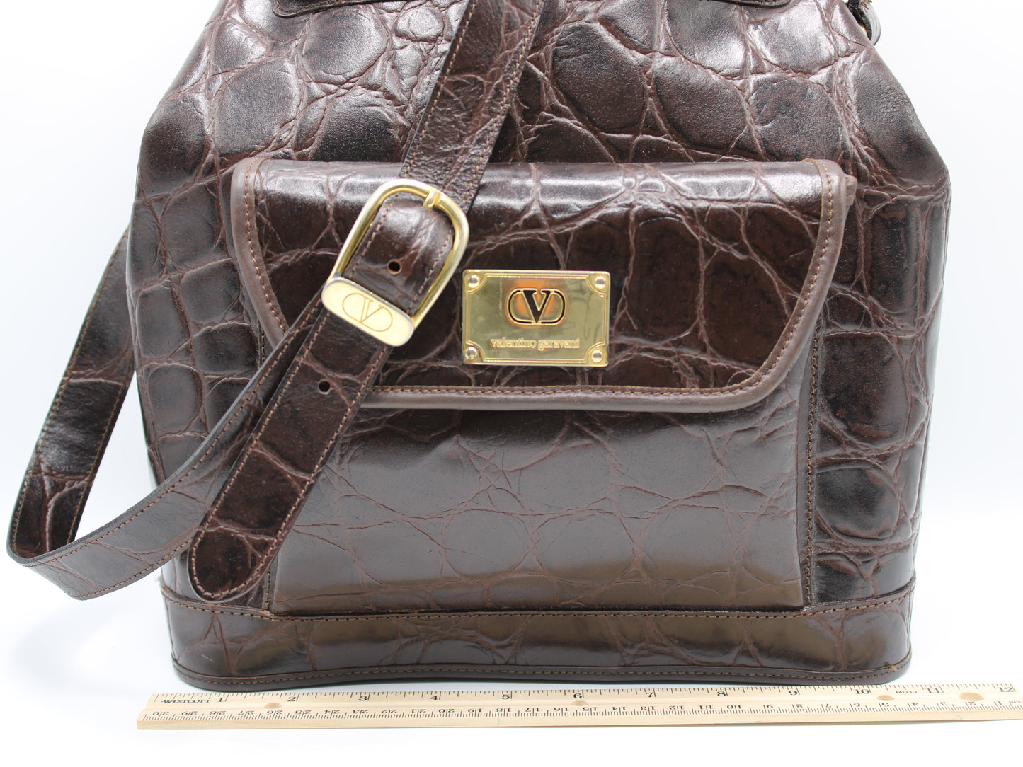 Valentino Garavani Crocodile Embossed Leather Crossbody Bucket Bag Vintage