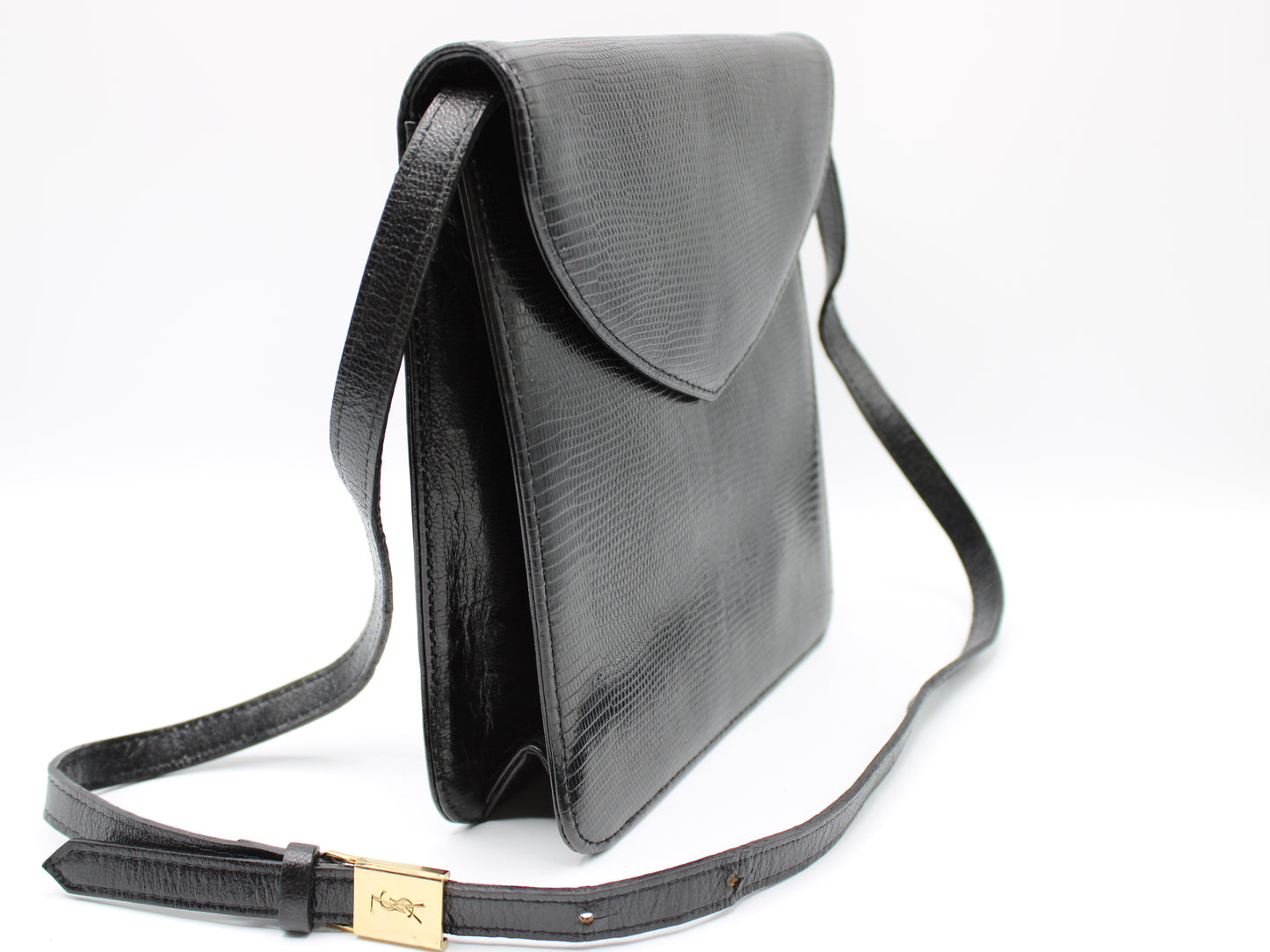 Yves Saint Laurent Lizard Leather Crossbody Chic Black Bag Vintage