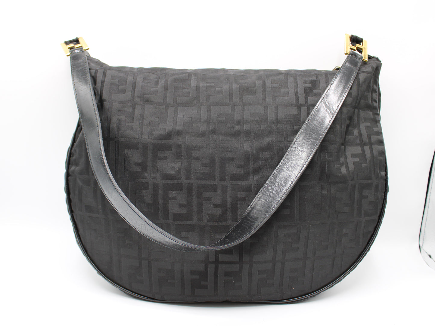 Fendi Zucca Hobo Bag in Black Large Size FF Gold Logo Vintage