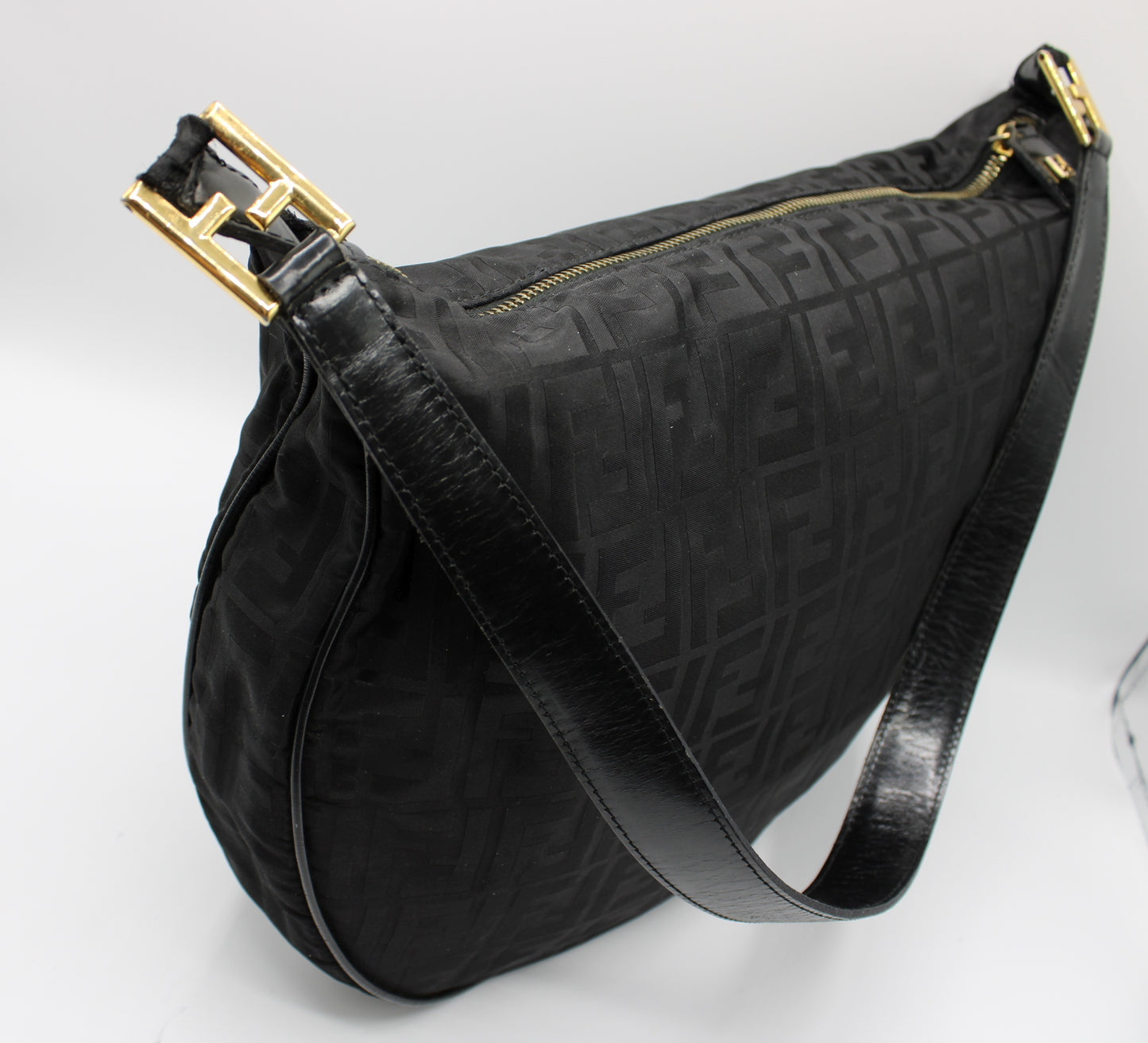 Fendi Zucca Hobo Bag in Black Large Size FF Gold Logo Vintage