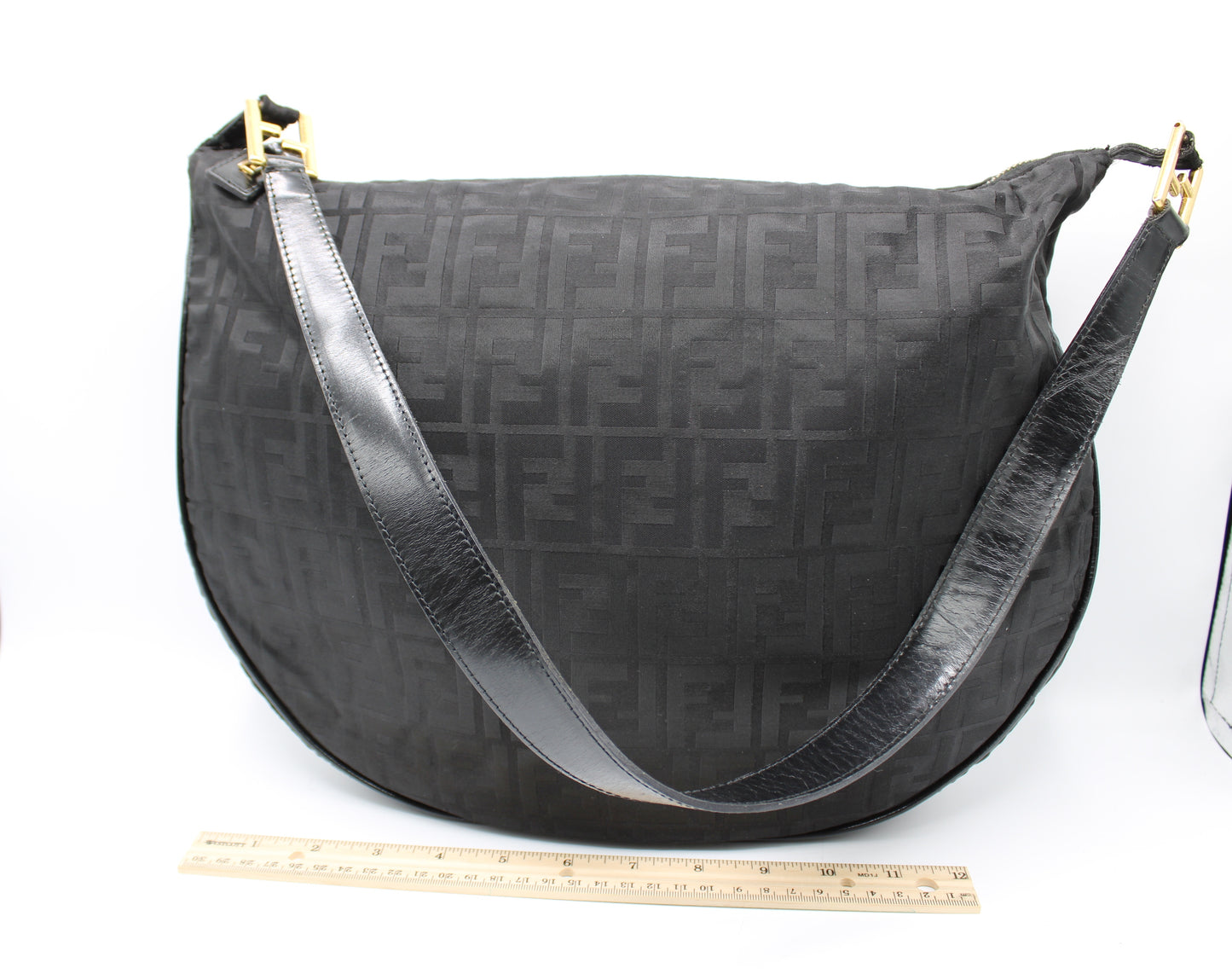 Fendi Zucca Hobo Bag in Black Large Size FF Gold Logo Vintage