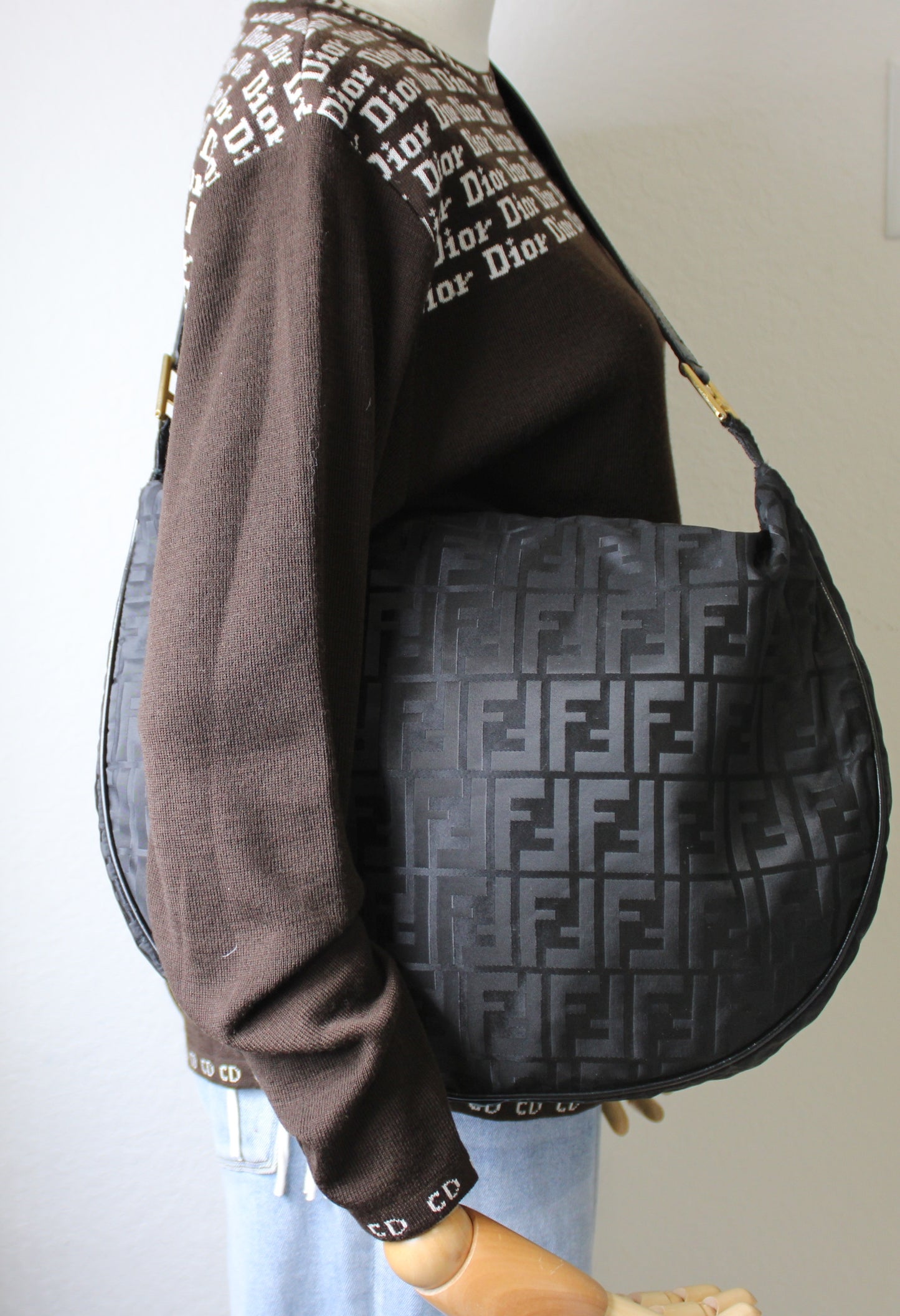 Fendi Zucca Hobo Bag in Black Large Size FF Gold Logo Vintage