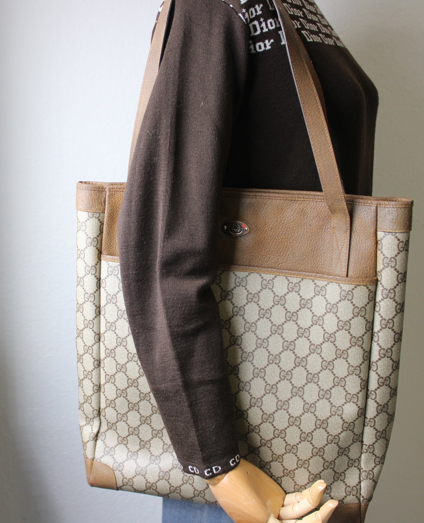 Gucci Tote Brown Supreme GG Monogram Canvas on Leather Vintage