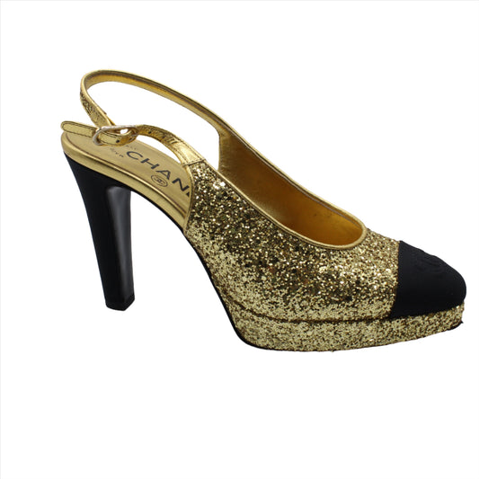 Chanel CoCo Gold Glitter Slingback Pumps Black Toe Caps