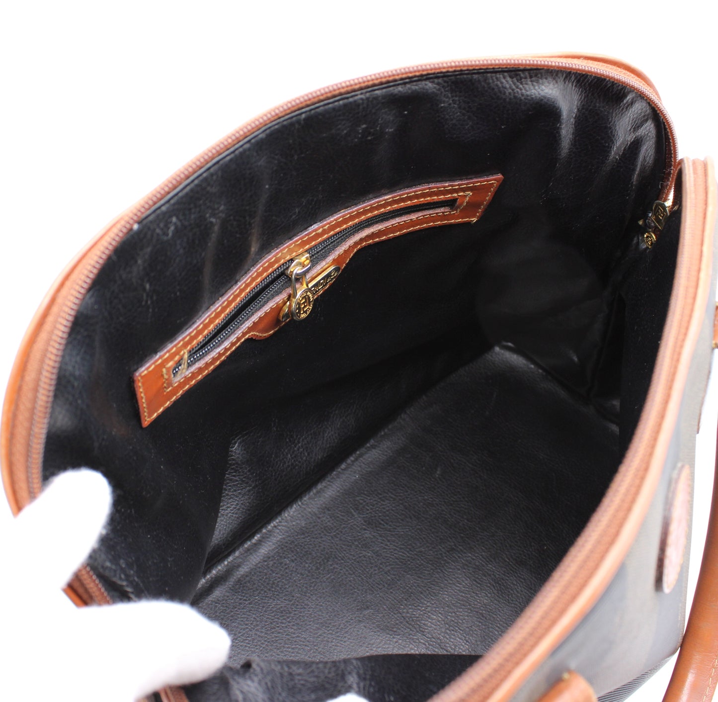 FENDI Leather Trimmed Medium Pequin Brown Dome Bag Vintage