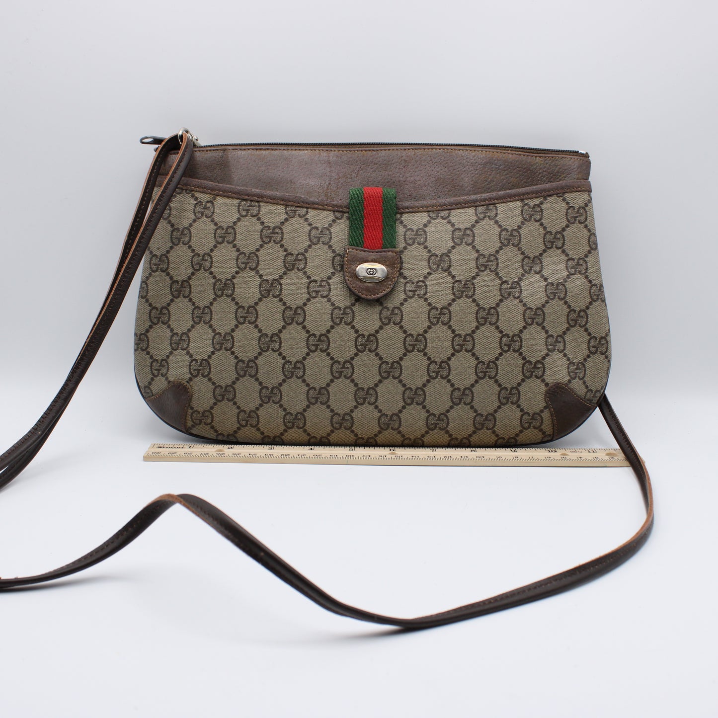 Gucci Brown Leather GG Supreme Canvas Crossbody Bag Vintage