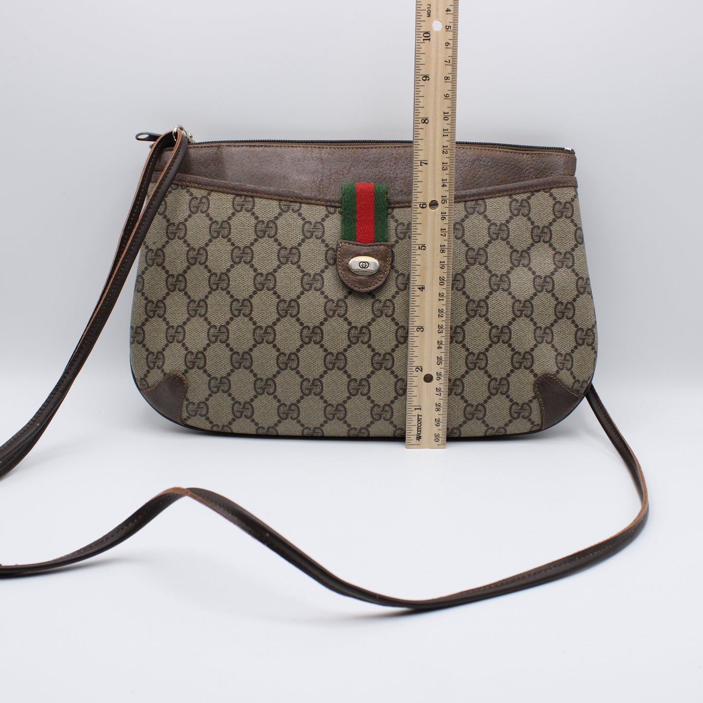 Gucci Brown Leather GG Supreme Canvas Crossbody Bag Vintage