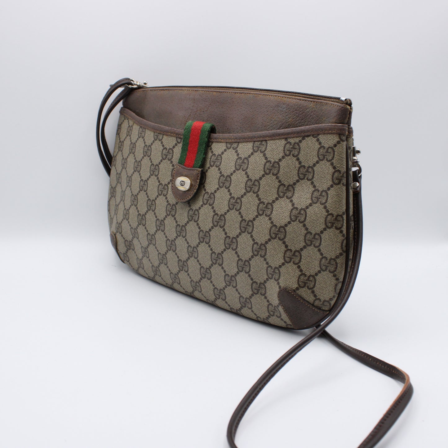 Gucci Brown Leather GG Supreme Canvas Crossbody Bag Vintage