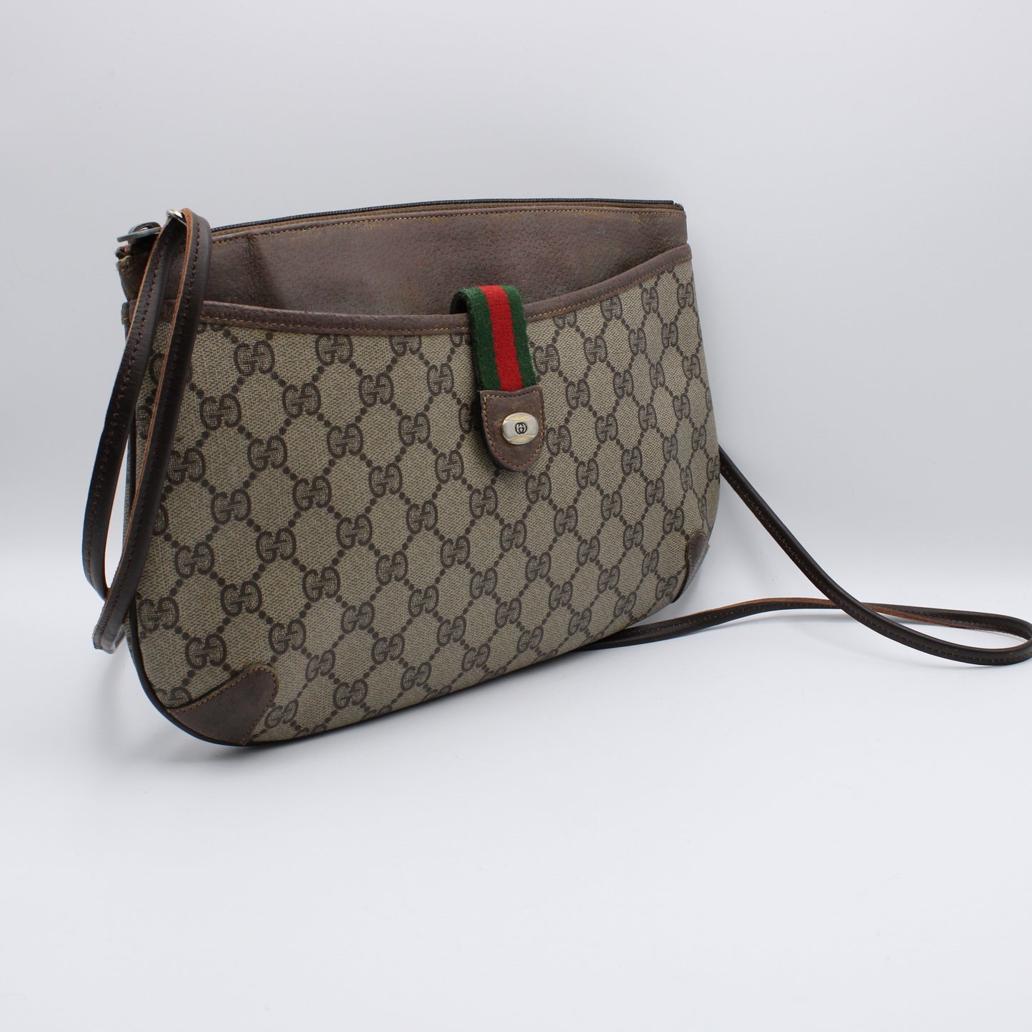 Gucci Brown Leather GG Supreme Canvas Crossbody Bag Vintage