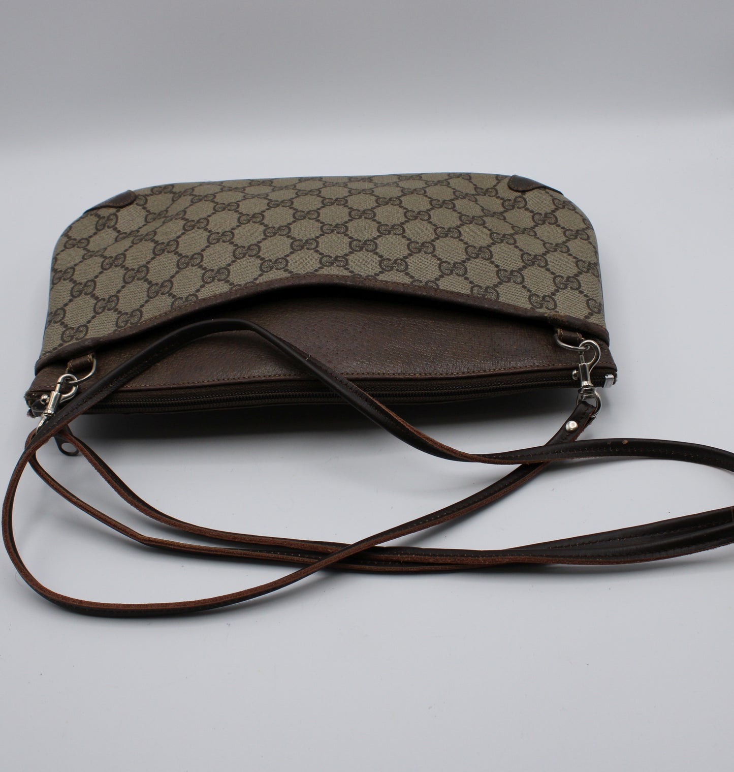 Gucci Brown Leather GG Supreme Canvas Crossbody Bag Vintage