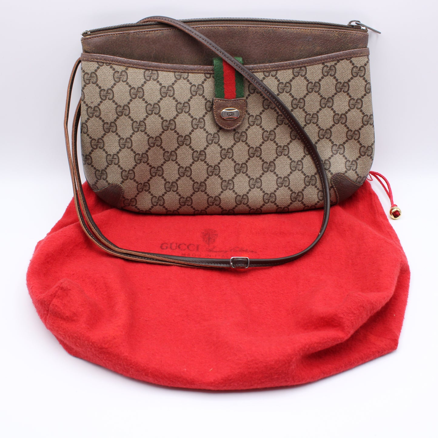 Gucci Brown Leather GG Supreme Canvas Crossbody Bag Vintage