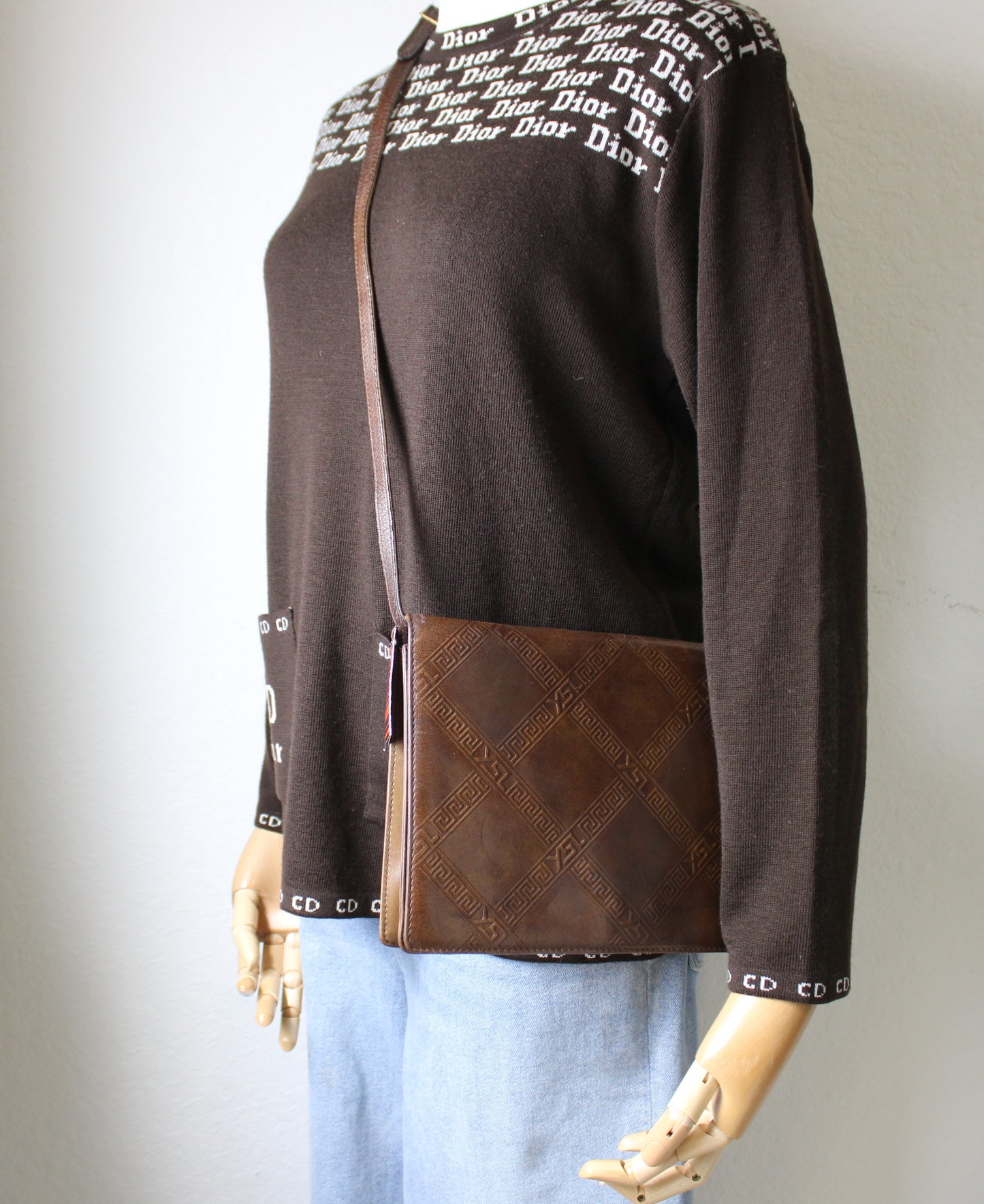 Yves Saint Laurent Brown Leather Embossed Crossbody Bag Vintage