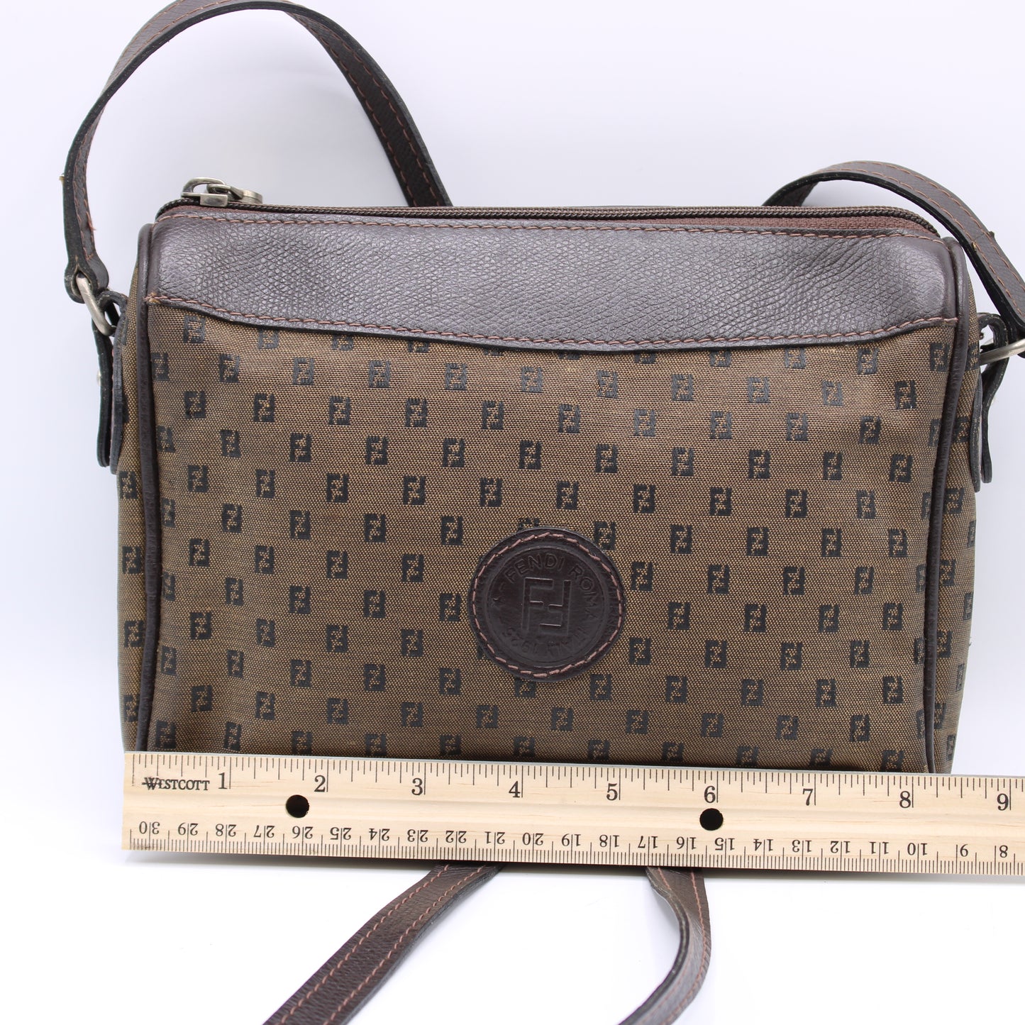 Fendi Zucca FF Canvas Brown Leather Trim Crossbody Bag