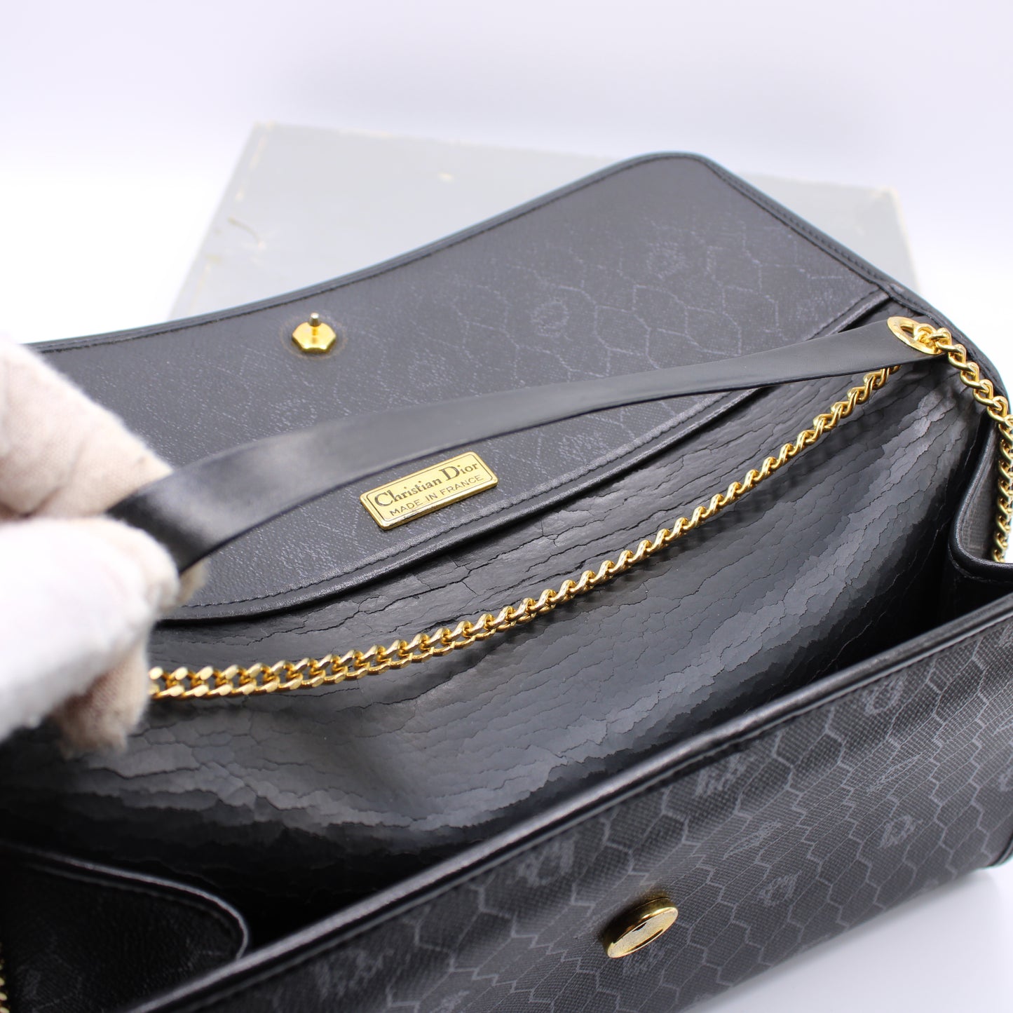 Christian Dior Honeycomb Black Leather On Chain Crossbody Bag Vintage