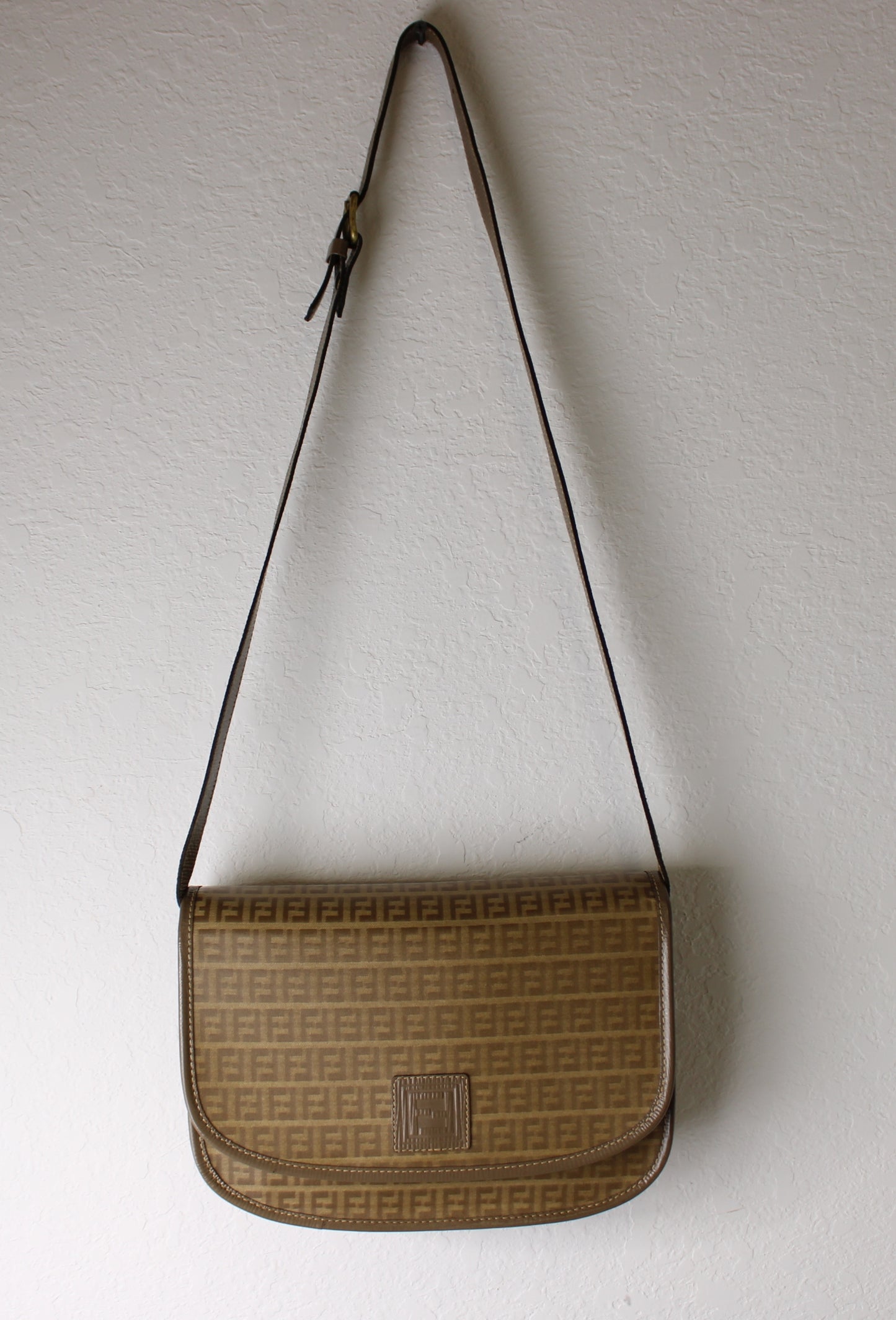 Fendi Zucca Beige Canvas Leather Flap Crossbody Bag Vintage