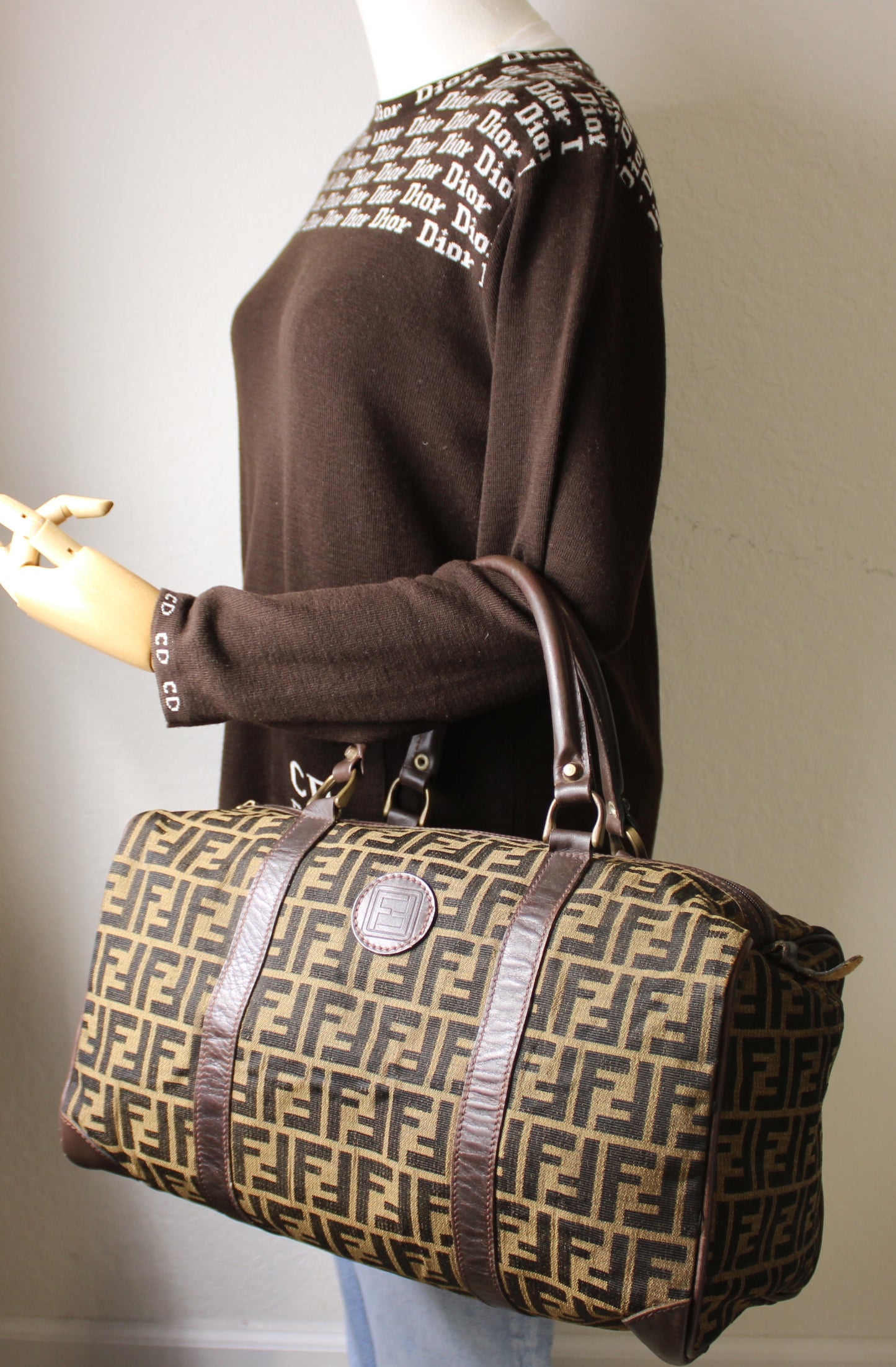 Fendi Zucca Pattern Brown Leather and Canvas Boston Bag Vintage