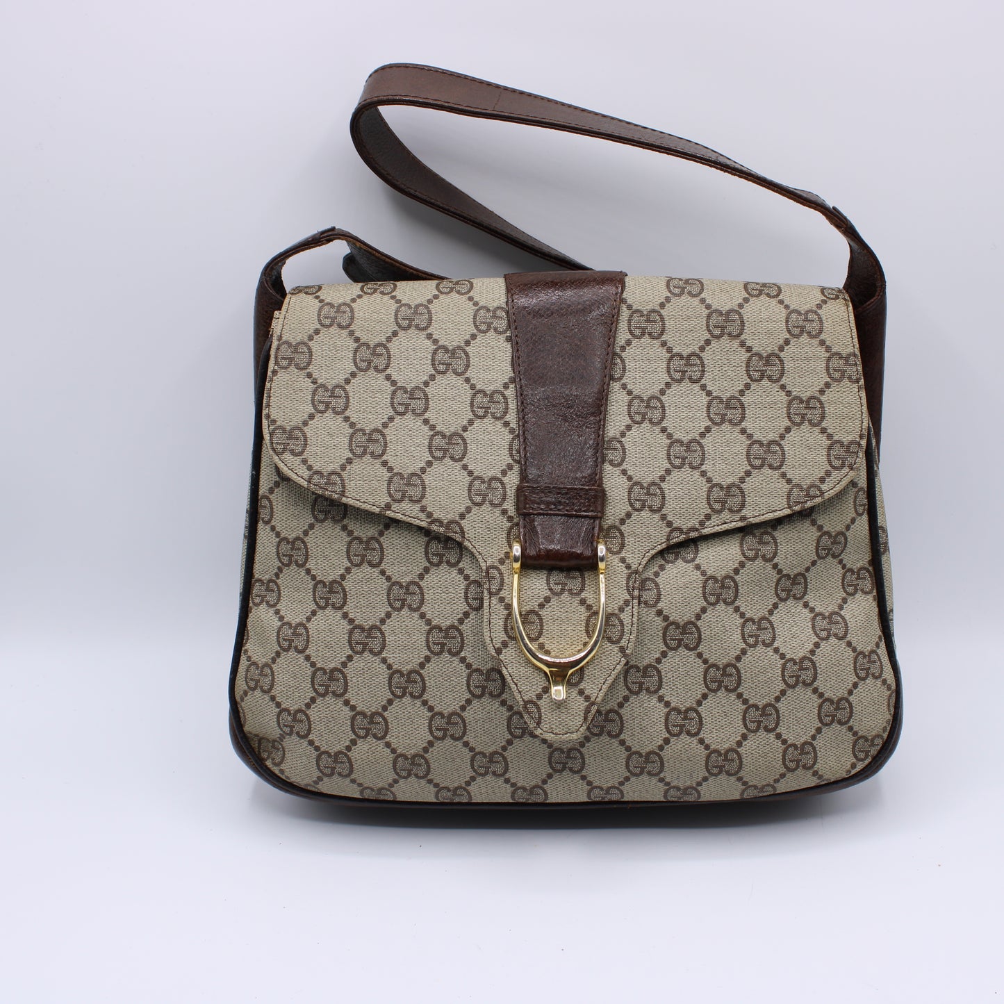 Gucci GG Brown Supreme Canvas Staple Flap Shoulder Bag Vintage