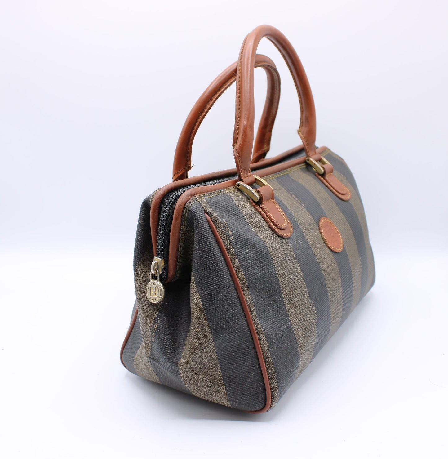 Fendi Striped Canvas Top Handle Boston Bag Vintage