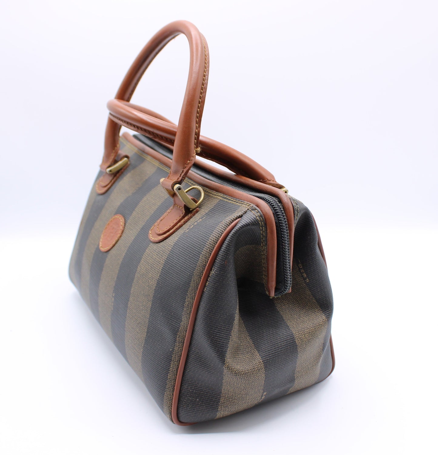 Fendi Striped Canvas Top Handle Boston Bag Vintage