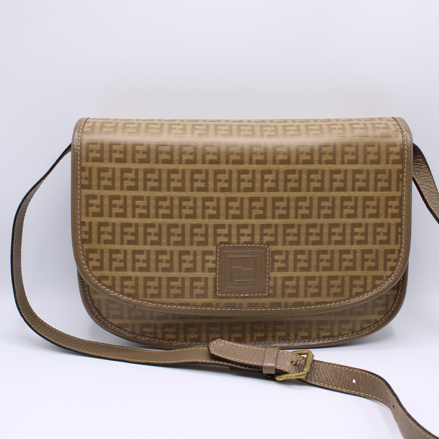 Fendi Zucca Beige Canvas Leather Flap Crossbody Bag Vintage