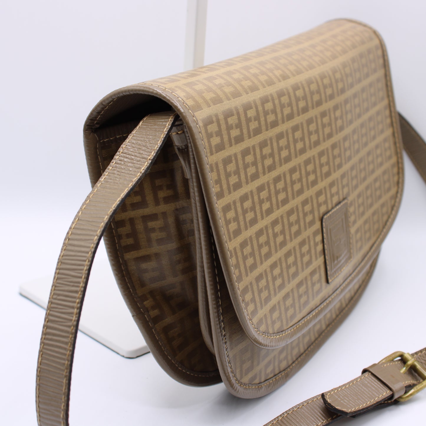 Fendi Zucca Beige Canvas Leather Flap Crossbody Bag Vintage