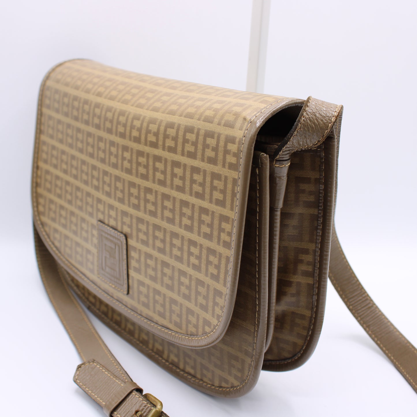 Fendi Zucca Beige Canvas Leather Flap Crossbody Bag Vintage