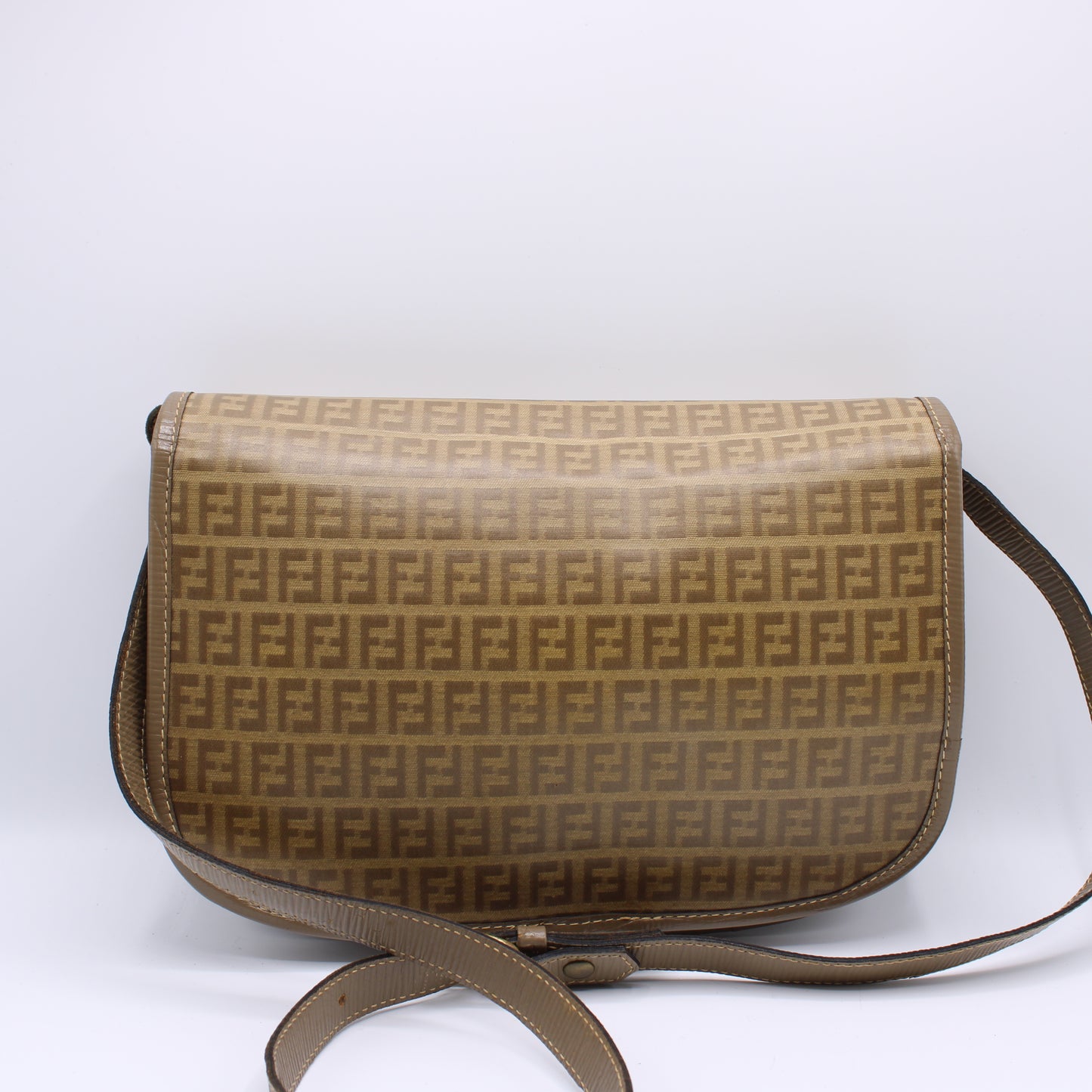 Fendi Zucca Beige Canvas Leather Flap Crossbody Bag Vintage