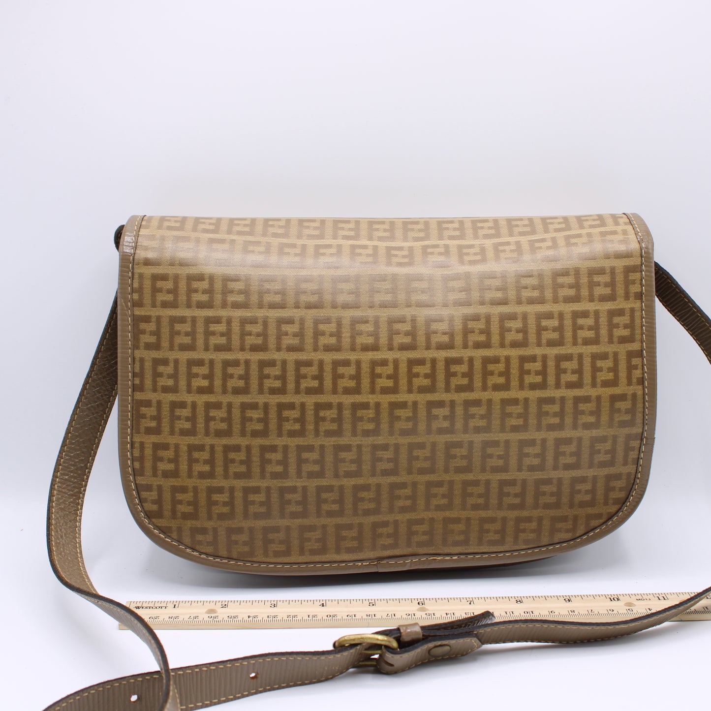 Fendi Zucca Beige Canvas Leather Flap Crossbody Bag Vintage