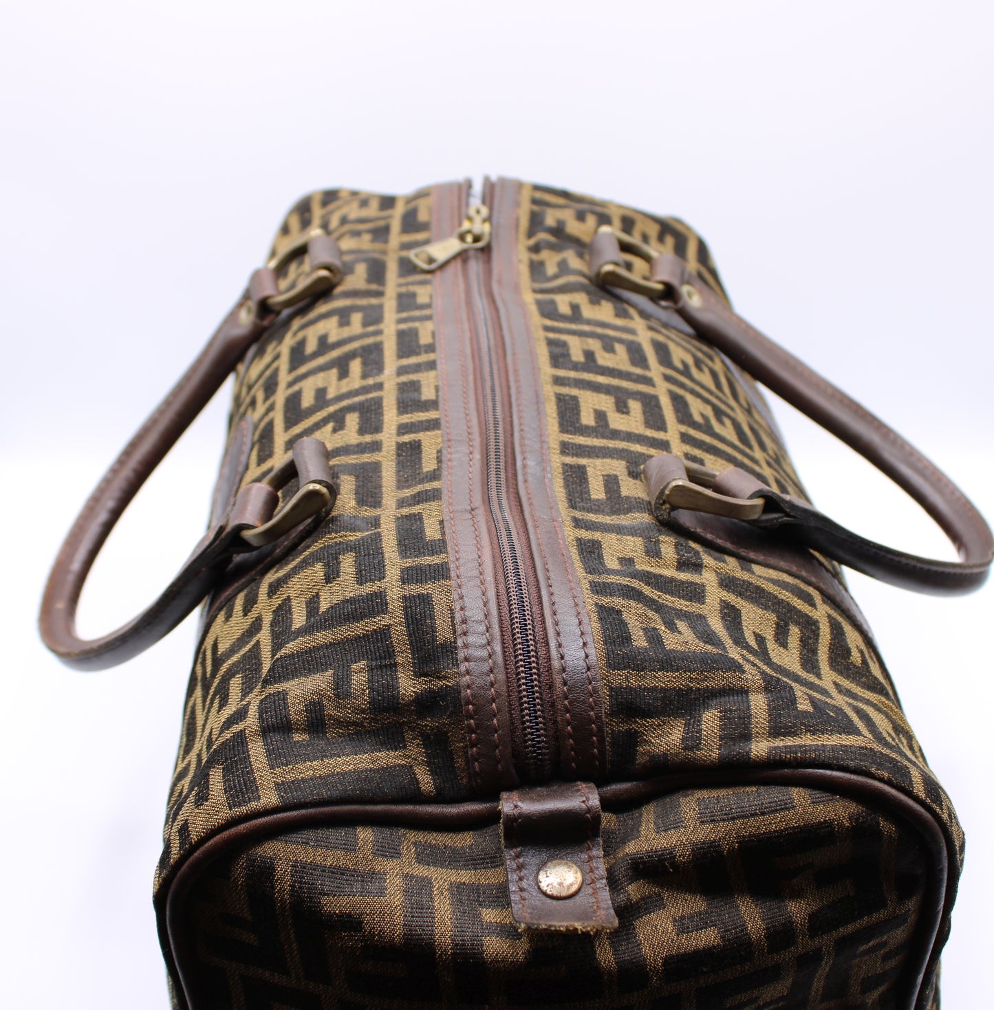 Fendi Zucca Pattern Brown Leather and Canvas Boston Bag Vintage